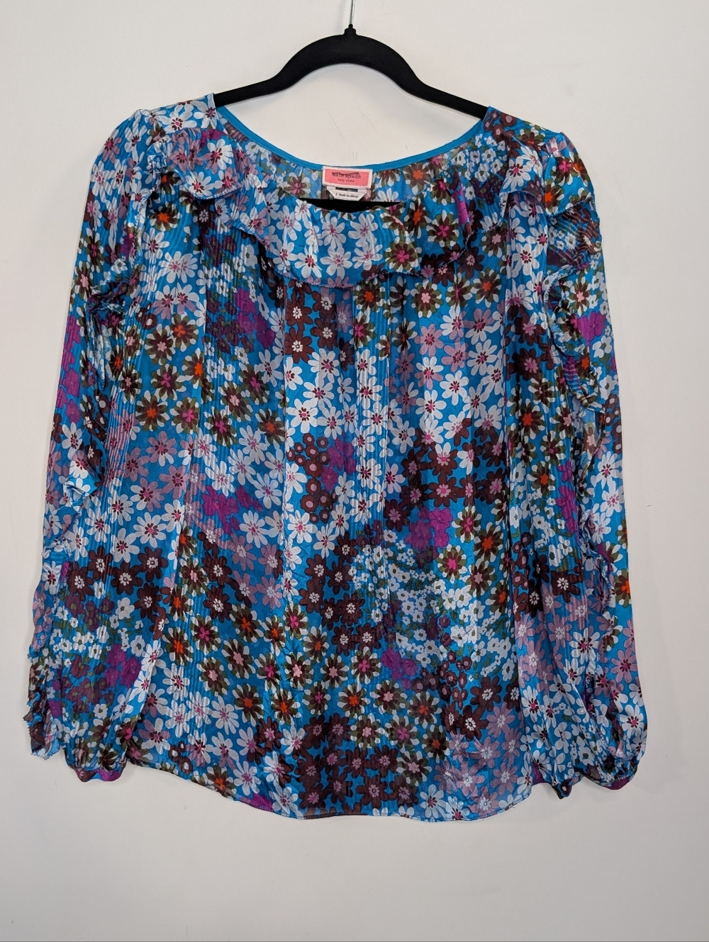 Kate Spade Pacific Petals Silk Floral Blouse Blue Sheer Ruffle Sleeve Top Small - Picture 2 of 8